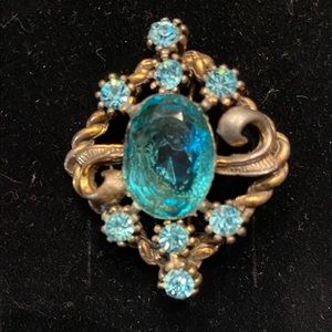 Vintage blue glass and rhinestone brooch